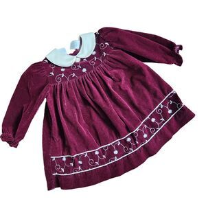 Vintage Rose Cottage 24M Dress Wine Velvet Ivory Collar Embroidered Long Sleeve